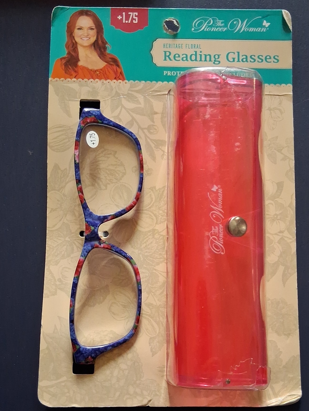 The Pioneer Woman Floral Blue and Red Reading Glasses with Red Case